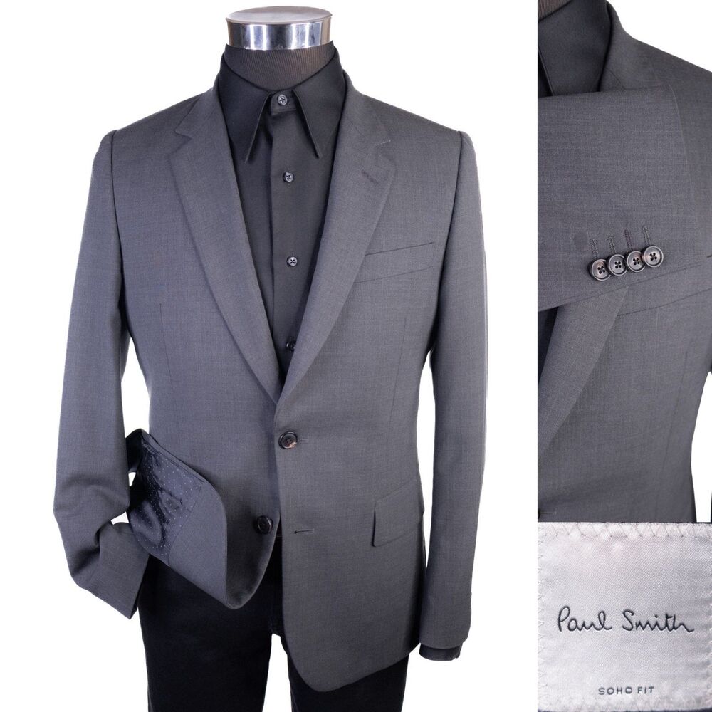 Paul Smith Soho Fit Blazer Sport Coat Sz 38R Wool Solid Gray Two Button Jacket